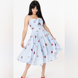 Unique Vintage 1950s blue and white swing dress size L